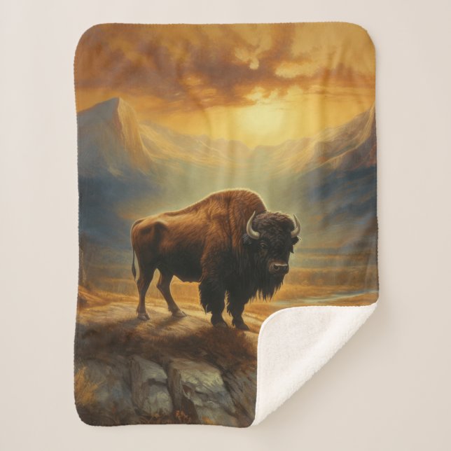 Cobertor Sherpa Buffalo Bison Sunset Silhouette (Frente)