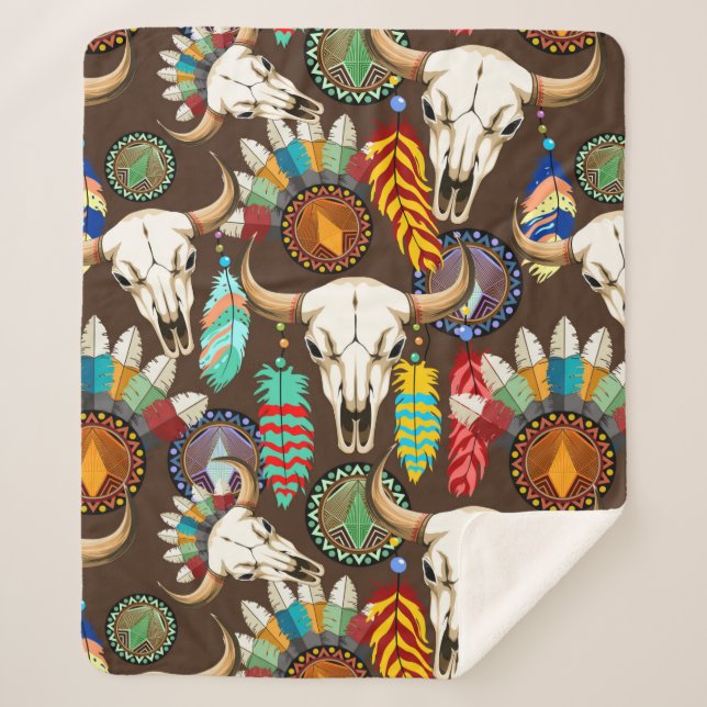 Cobertor Sherpa Buffalo Skull Native American Emblem (Frente)