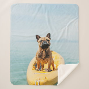 Cobertor Sherpa Buldogue francês marrom adulto em pé no caiaque