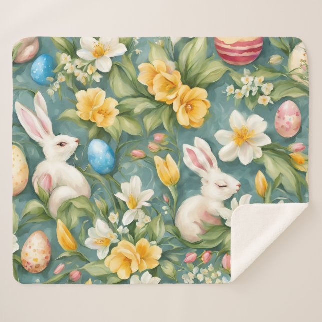 Cobertor Sherpa Bunnies, Flores de primavera e Ovos de Páscoa. Pin (Frente (Horizontal))