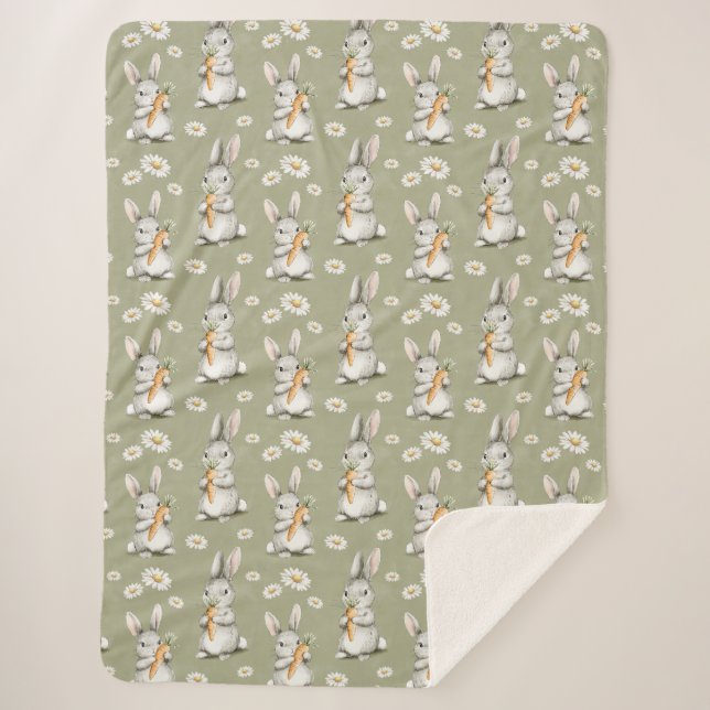 Cobertor Sherpa Bunnies with Carrots Green Daisy Flowers Birthday (Frente)