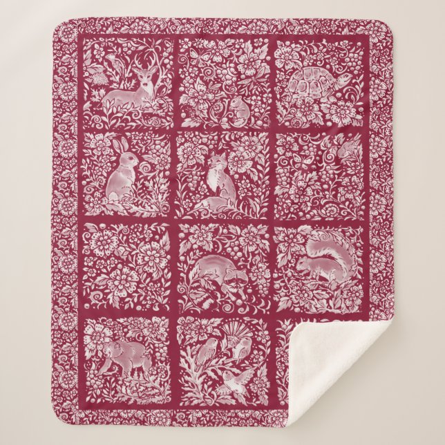Cobertor Sherpa Burgundy Deer Fox Coelho da Floresta de Natal (Frente)