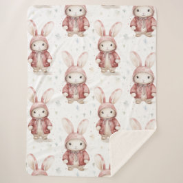 Cobertor Sherpa Burgundy Red White Bunnies