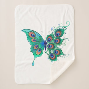 Cobertor Sherpa Butterfly with Green Peacock Feathers