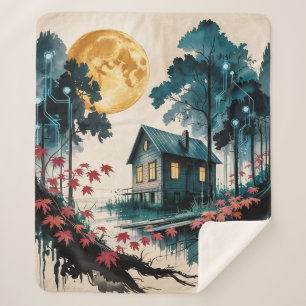 Cobertor Sherpa Cabana ao Luar Floresta Japonesa Arte (1)