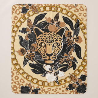 Cobertor Sherpa cabeça de leopardo rodeada por orquídeas, corrente