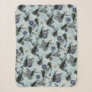 Cobertor Sherpa Cabeça de Veado Rústica Padrão Floral Azul Empoeir