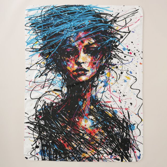 Cobertor Sherpa Cabelo Azul Caótico Retrato Abstrato Explosão (Frente)