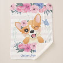 Cachorro Corgi Fofo Coroa de Flores Borboleta Azul
