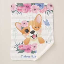 Cobertor Sherpa Cachorro Corgi Fofo Coroa de Flores Borboleta Azul