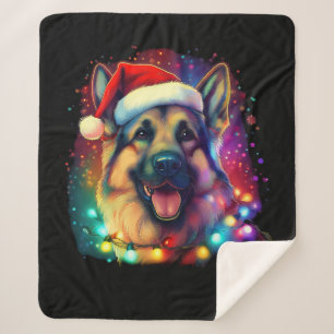 Cobertor Sherpa Cachorro German shepherd de Natal com Papai Noel