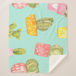 Cobertor Sherpa Cactos picantes em potes, padrão de aquarela.