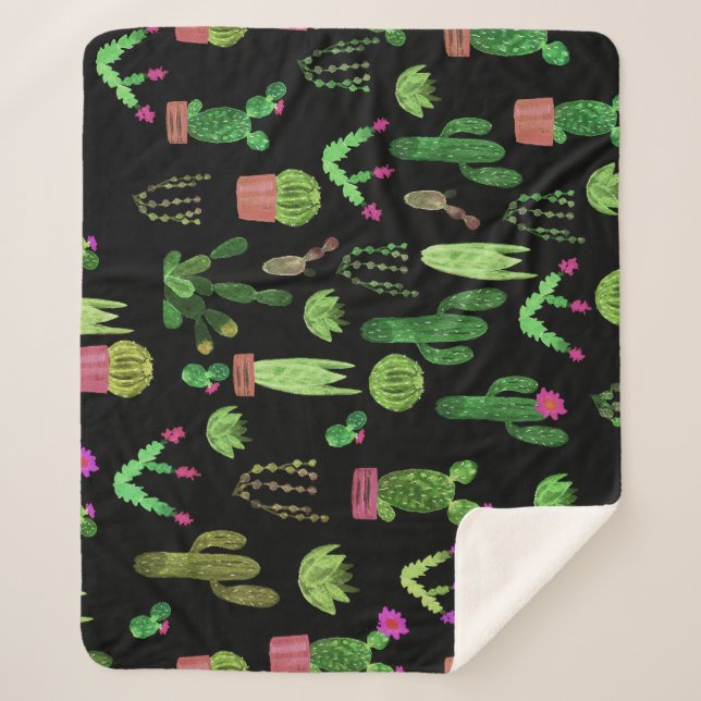 Cobertor Sherpa Cactus de Aquarela Planta Sem Costura Fundo (Frente)