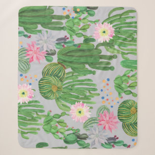 Cobertor Sherpa Cactus e flores, pintura sem costura com aquarela.