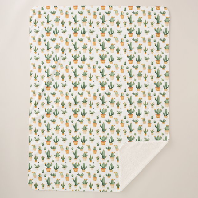 Cobertor Sherpa Cactus Potado em Branco (Frente)