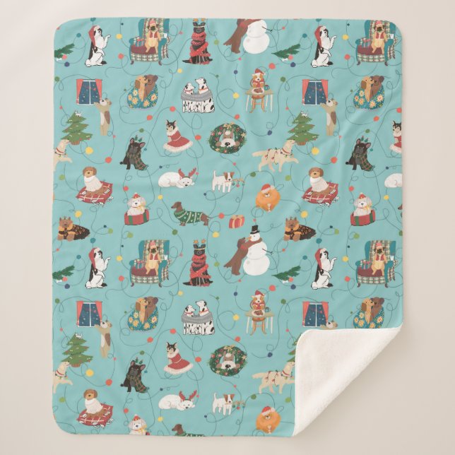Cobertor Sherpa Cães Festivos Feriados em Suéteres de Natal (Frente)