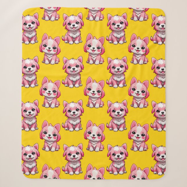 Cobertor Sherpa Cães Rosa Fofos - Amarelo  (Frente)