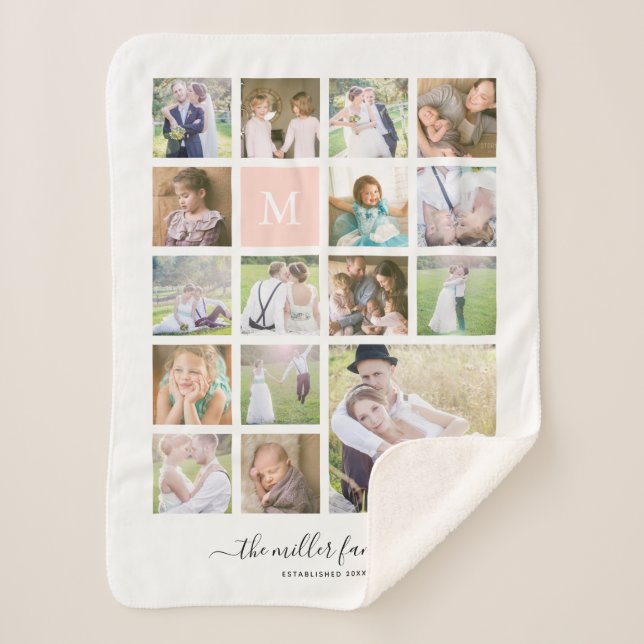 Cobertor Sherpa Caligrafia do nome do monograma da colagem da foto (Frente)