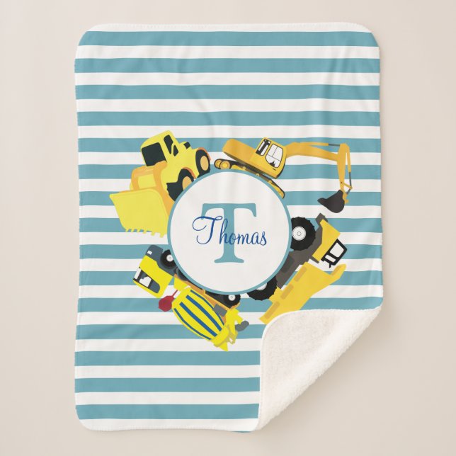 Cobertor Sherpa Caminhões de Construção Blue Stripes Monograma (Frente)