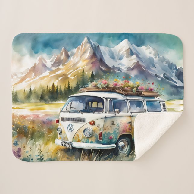 Cobertor Sherpa Campervan Bliss Retro Campervan Nas Montanhas (Frente (Horizontal))
