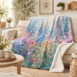 Cobertor Sherpa Campo de Flores Silvestres em Aquarela Pastel