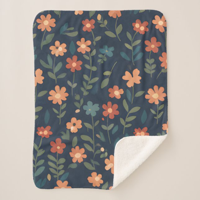 Cobertor Sherpa Campo de Flores Silvestres Rústicas em Azul Naval (Frente)