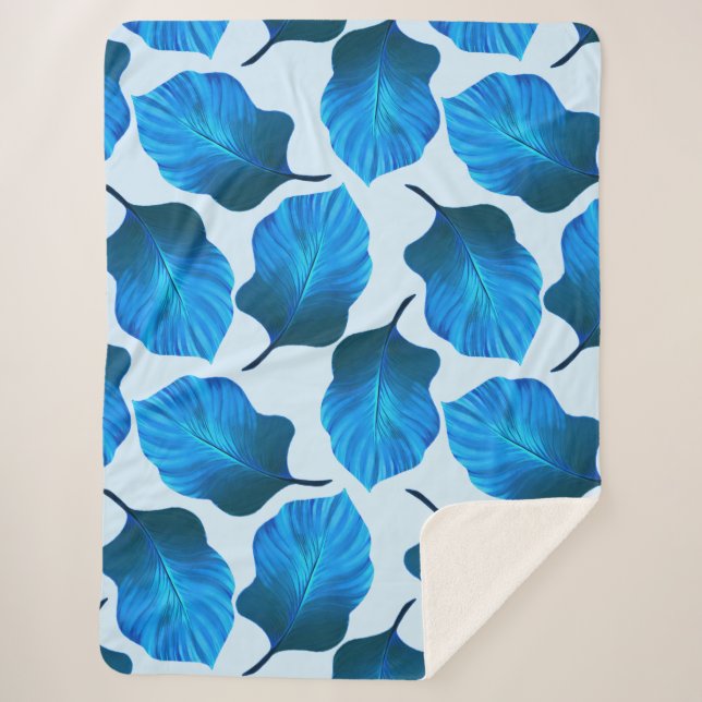 Cobertor Sherpa Canna Tropicanna Folhas Tropicais em Azul (Frente)