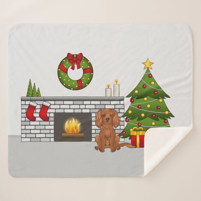 Cobertor Sherpa Cão Cavalier Ruby em uma Sala de Natal Festiva (Frente (Horizontal))