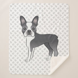 Cobertor Sherpa Cão e patas de Cartoon Azul e Branco de Boston