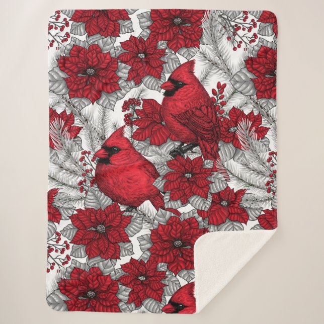 Cobertor Sherpa Cardinhas e poinsetos em vermelho e branco (Frente)