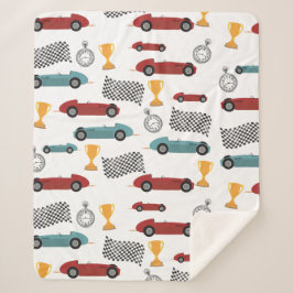 Cobertor Sherpa Carros De Corrida De Vintage, Retro Rápido, Azul E