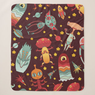 Cobertor Sherpa Cartoon aliens vintage seamless pattern.