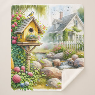 Cobertor Sherpa Casa de Jardim Caprichosa com Casa de Pássaros e C