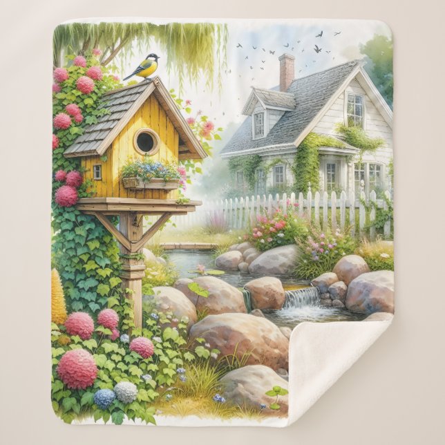 Cobertor Sherpa Casa de Jardim Caprichosa com Casa de Pássaros e C (Frente)