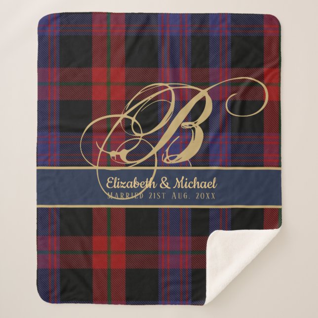 Cobertor Sherpa Casamento de recém-casados Vermelhos Azuis Tartan  (Frente)
