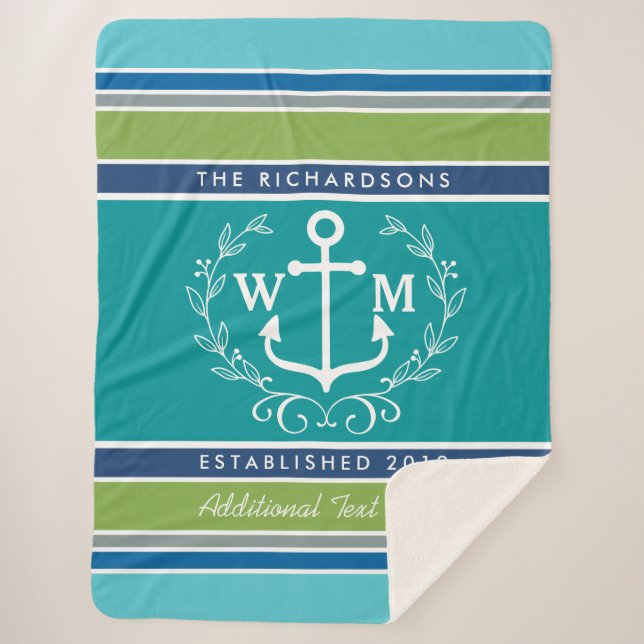 Cobertor Sherpa Casamento Monograma Anchor Laurel Wreath Aqua Stri (Frente)