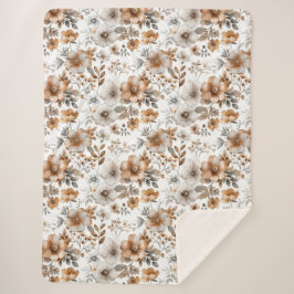 Cobertor Sherpa Castanho Cinza Beige Boho Floral Aquarela