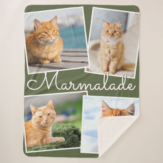 Cobertor Sherpa Cat Photo Pet Collage Olive Green Personalized (Frente)
