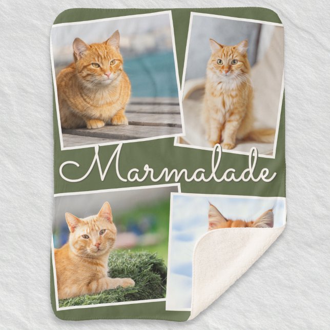 Cobertor Sherpa Cat Photo Pet Collage Olive Green Personalized (A sherpa blanket personalized with four cat photos and pet's name, on a green background)