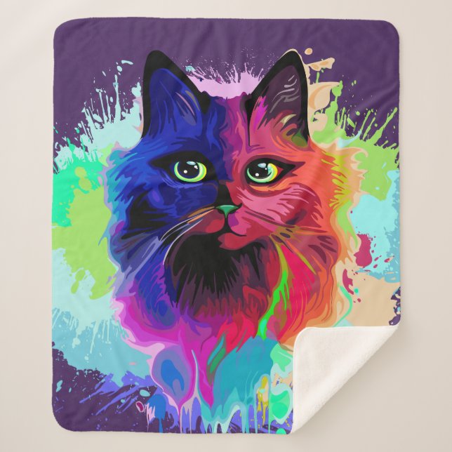 Cobertor Sherpa Cat Trippy Psychedelic Pop Art (Frente)