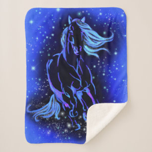 Cobertor Sherpa Cavalo Azul Neon Correndo À Lua À Noite Estrelad