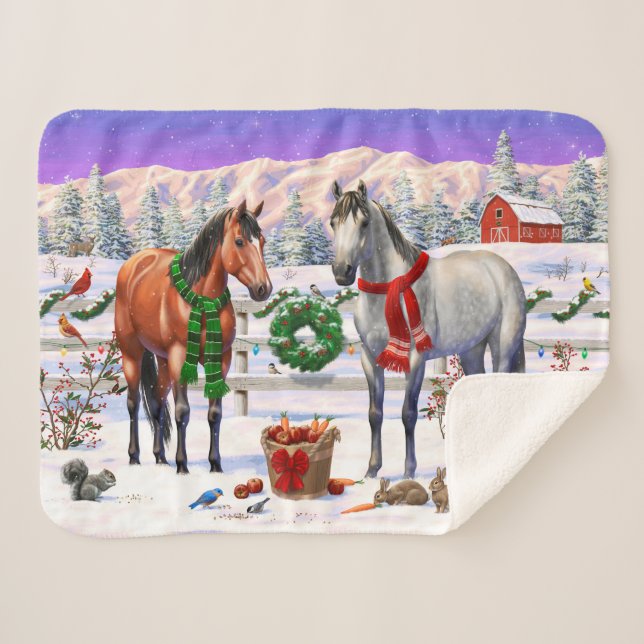Cobertor Sherpa Cavalos de Natal na neve (Frente (Horizontal))