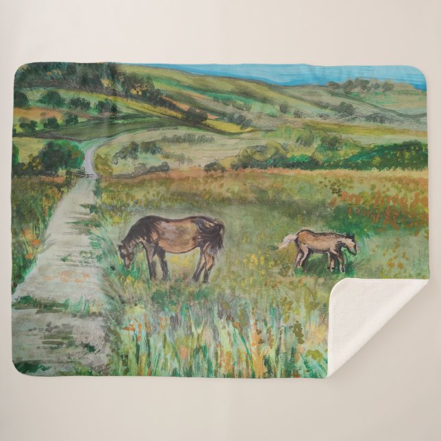 Cobertor Sherpa Cavalos no prado (Frente (Horizontal))
