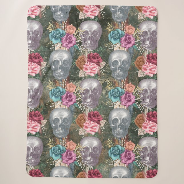 Cobertor Sherpa Caveira de Boho com Flores (Frente)