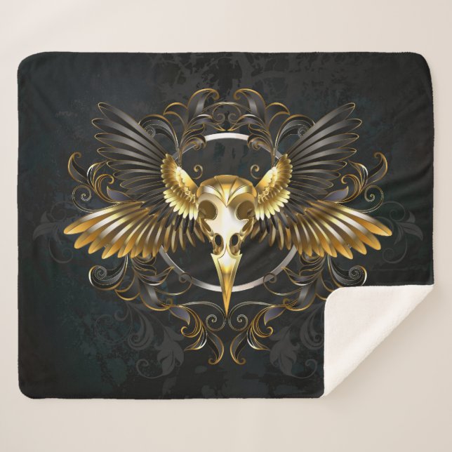 Cobertor Sherpa Caveira de ouro sobre fundo preto (Frente (Horizontal))