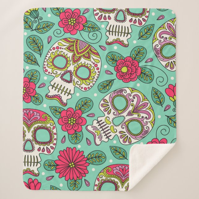 Cobertor Sherpa Caveira e Flores. Um Fundo Ininterrupto. da mexica (Frente)