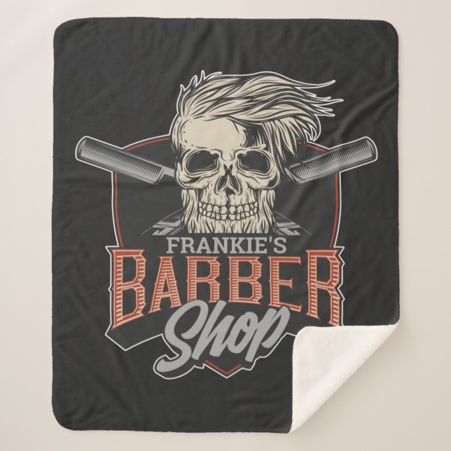 Cobertor Sherpa Caveira e Navalhas do Hipster de Barber Personaliz (Frente)