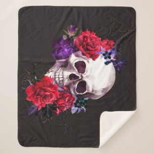 Cobertor Sherpa Caveira & Rosas: Aquarela Floral Escura.