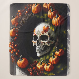 Cobertor Sherpa Caveira Spooky e Pumpkin Wreath