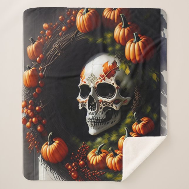 Cobertor Sherpa Caveira Spooky e Pumpkin Wreath (Frente)